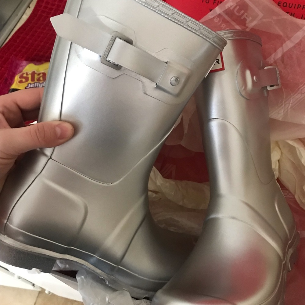 Short, Silver Hunter boots. Never worn. Size 7